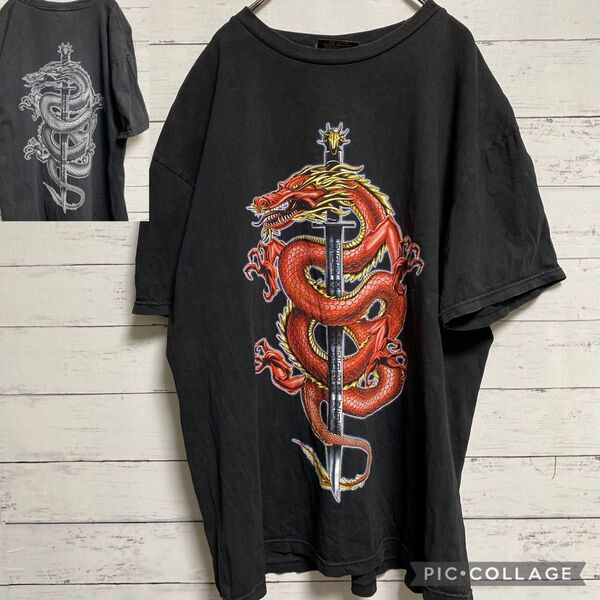 龍ドラゴン 両面プリント Tシャツ 黒 アメリカ古着・剣