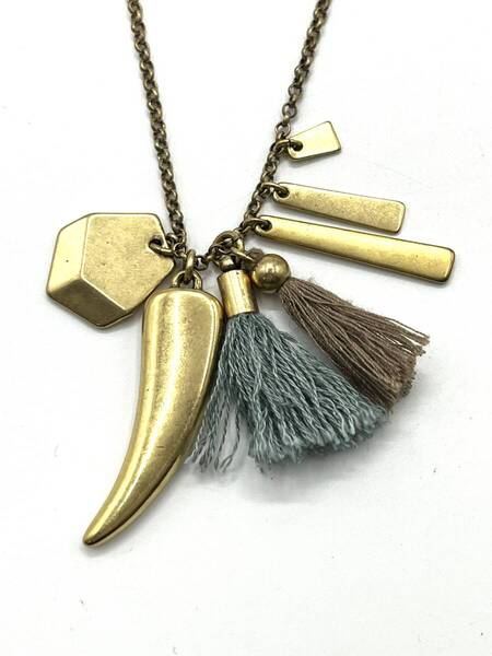 J Crew ジェイクルー ロング ネックレス ゴールド系 牙モチーフ タッセル くすみブルー×ブラウン レディース アクセサリー