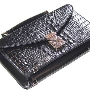 【ブラックフライデータイムセール】【送料込み】【限定】【新品】【税込み】牛革クロコ型押し☆背面財布機能付き☆ミニセカンドバッグ BK