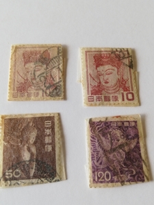 法隆寺観音菩薩 昭和27年と昭和37年 紫けまん120　仏像50円　使用済み切手 