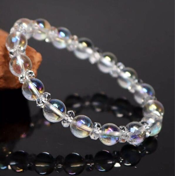 レインボーオーラ/水晶カットブレスレット約8mm玉/内径約15cm