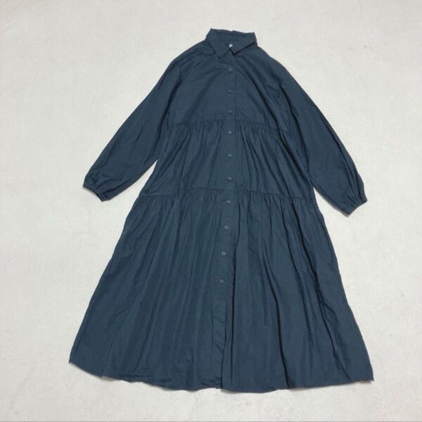 大きいサイズ シャツワンピース ティアード ロング丈 黒 ゆったり