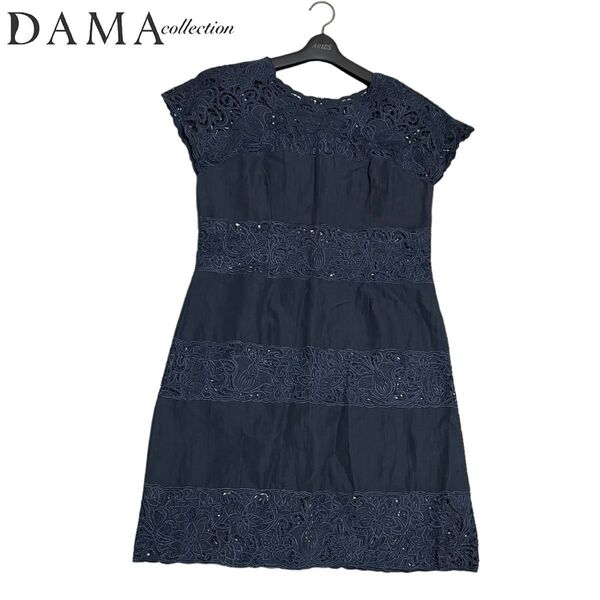 美品 DAMA collection ダーマコレクション ディノス リネン混 カットレース フラワー フレンチスリーブ ワンピース