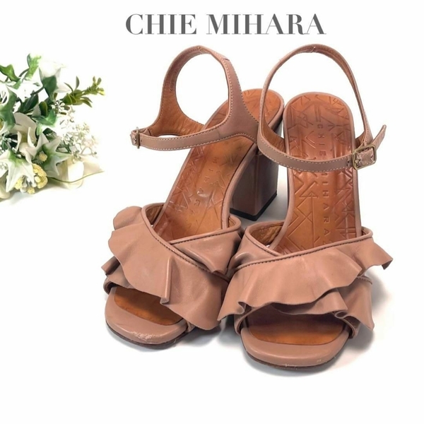 CHIE MIHARA チエ ミハラ サンダル アンクルストラップ ピンク ベージュ 23.5cm 24cm フリル スペイン製 ロゴ ブランド レディース 夏