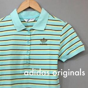 アディダスオリジナルス adidas originals ポロシャツ 半袖 レディース Mサイズ ボーダー ブルー 水色 ロゴ 刺繍 トレフォイル ～▽