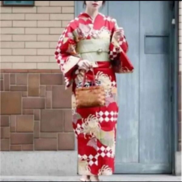 未使用 レディース 浴衣 単品 菊 花柄 赤系 レッド系 ニコアンティーク