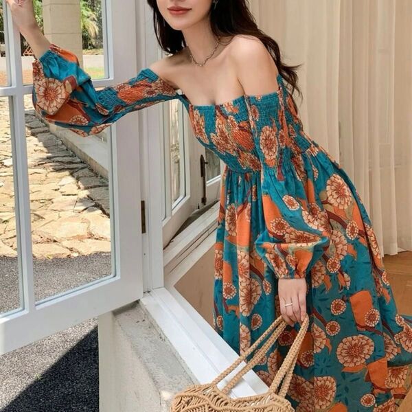 花柄シャーリングオフショル長袖ワンピースドレス XLサイズ