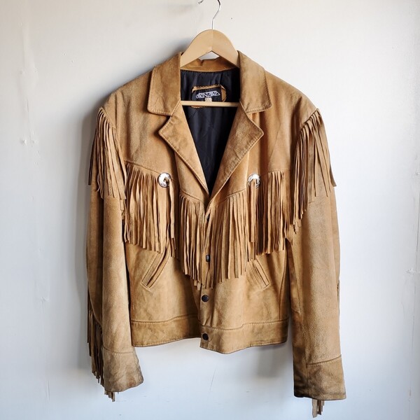 937◆【sizeM】フランス製 OKINAWA フリンジ コンチョ スエードジャケット ベージュ キルティングライナー レザー 中古 USED 古着