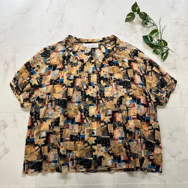 美品 l'atelier du savon お家柄 シャツブラウス 鳥柄 半袖