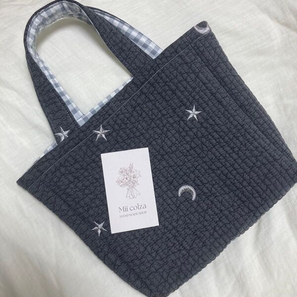 ハンドメイド エコバッグ トートバッグ ヌビバッグ グレー スター ムーン 月 星