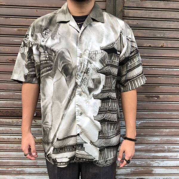 00s チカーノシャツ アメリカ古着 WINGO スカシャツ 半袖 オープンカラーシャツ B-BOYアロハ スカジャン ストリート ウィアード weirdo M