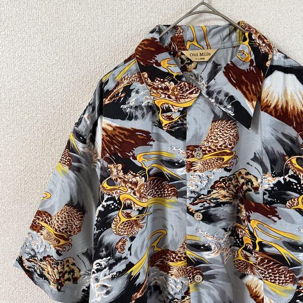 C1 龍柄シャツ 半袖 和柄 デザインシャツ ヴィンテージ古着 XLメンズ
