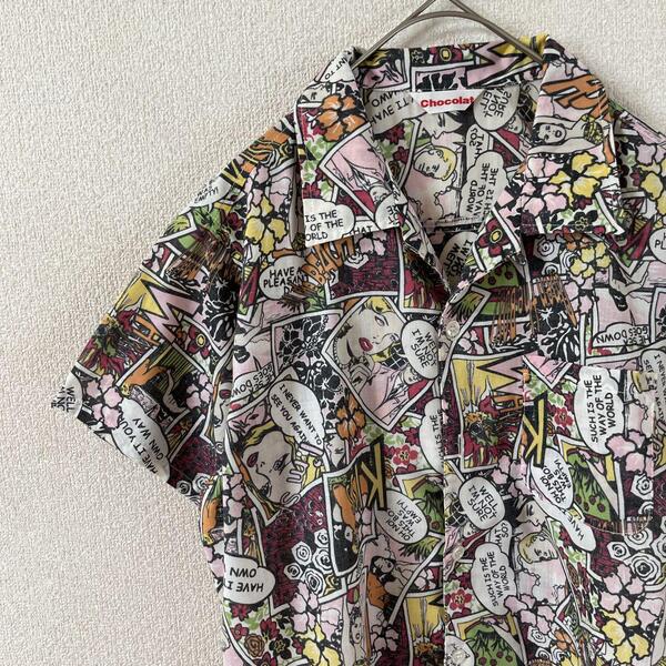 V3アメコミ柄シャツ 半袖 オープンカラー ゆったりMレディース コットン