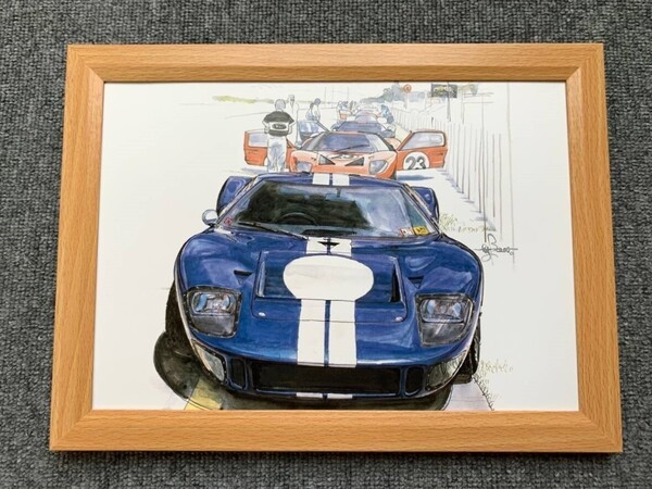 ■BOW。池田和弘『Ford GT40』B5サイズ 額入り 貴重イラスト 印刷物 ポスター風デザイン 額装品 アートフレーム 旧車