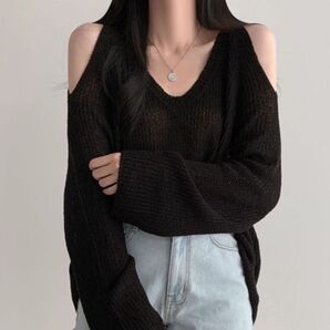 PRIVATE BEACH オープショルダー透かし編みニットトップス