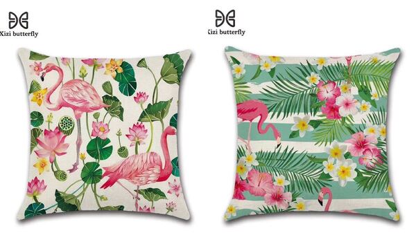 新品 クッションカバー 2枚セット フラミンゴ 南国風 トロピカル 蓮の花 ロータス 葉っぱ 45*45 インテリア雑貨