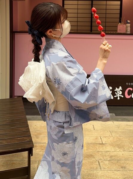 花柄浴衣セット 作り帯 ホワイト くすみブルー 水色 大人花柄