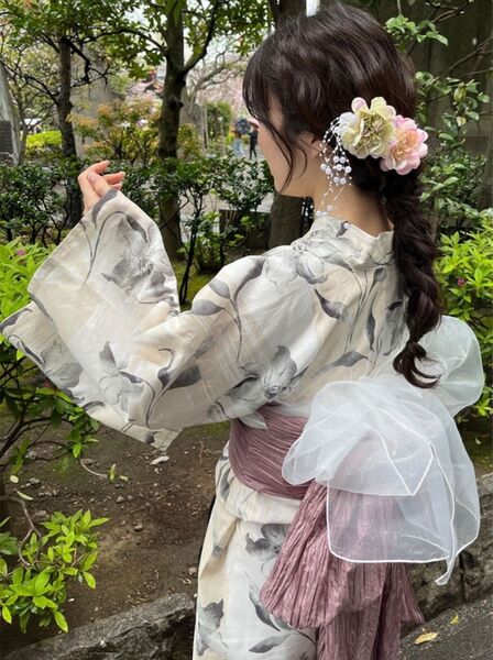 水彩百合浴衣セット 兵児帯 ピンク 水彩花柄 アイボリー