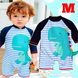 【新品】M 90-100cm ベビー 水着 ラッシュガード 男の子 恐竜 ネイビ