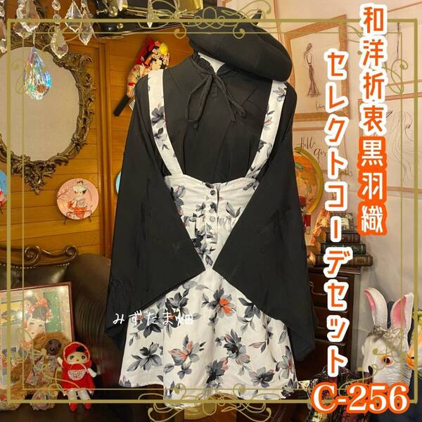 羽織り 和装 多系統コーデ 異素材ミックス まとめ売り レトロ 和洋折衷 古着 黒/ブラック×フラワー柄/白/ホワイト系 2点セット C-256