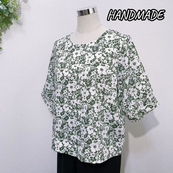 ハンドメイド リネン100% ブラウス シャツ レディース トップス 北欧調 トップス 半袖 HAND MADE 花のブラウス