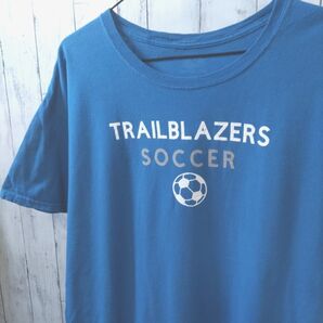 フルーツオブザルーム US 古着 Tシャツ L ブルー サッカー 英字 ボール 半袖 半袖Tシャツ