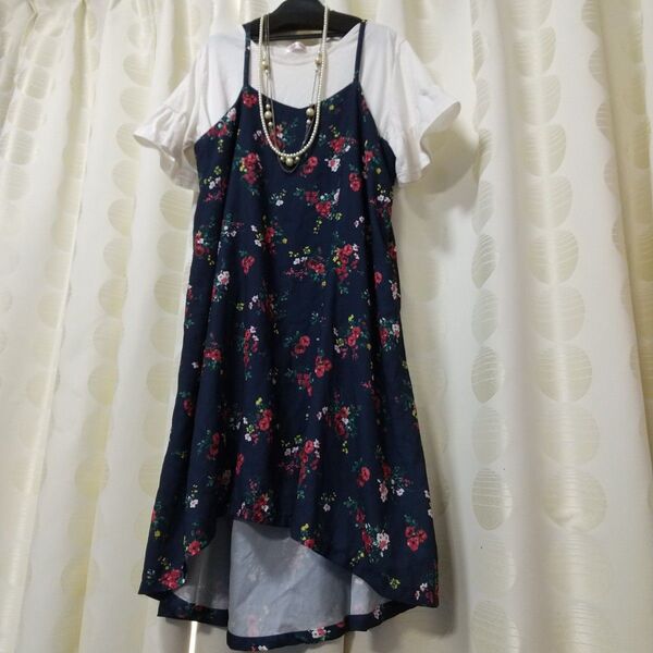 ピンキーガールズ大きいサイズフリルカットソー&花柄ジャンスカワンピースLサイズ