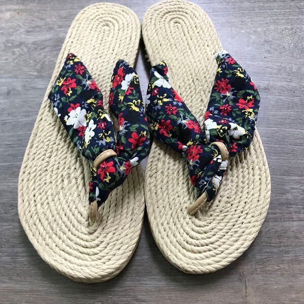 フラワーサンダル ビーチサンダル フラット レディース 花柄 トング サンダル 軽量 海 ネイビー Lサイズ 24-25cm