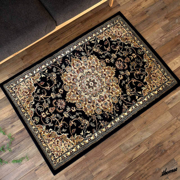 ◆クラッシクメダリオン柄◆ ラグマット 100×150cm ヒートセット加工 簡単お手入れ 床暖房対応 インテリア 玄関マット ブラック