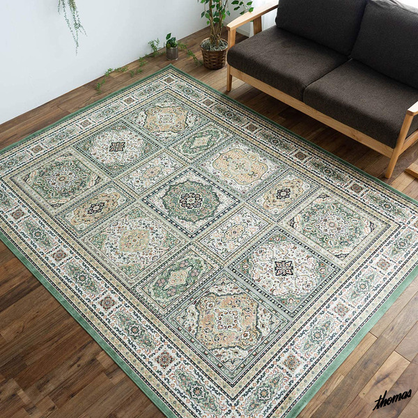 ◆絨毯の柄を集めて出来たデザイン◆ ラグ 195×195cm 薄型デザイン 高級感 洋風柄 インテリア 模様替え 新生活 オールシーズン グリーン