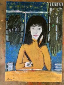 Art hand Auction Artist hiro C Original Book Cafe Alone, artwork, painting, pastel painting, crayon drawing