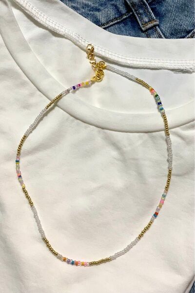 ハンドメイド ビーズ ネックレス ゴールド カラフル
