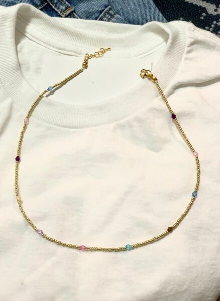 ハンドメイド ビーズ ネックレス ゴールド カラフル