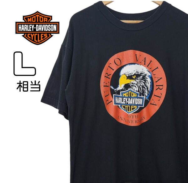 Harley-Davidson ハーレーダビッドソン 半袖プリントTシャツ イーグル ブラック 黒 古着 L相当