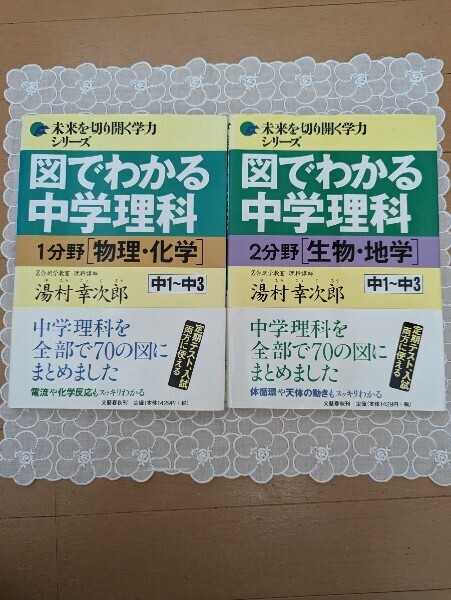 中古☆中学校学習参考書☆2冊☆図でわかる中学理科(物理・化学・生物・地学)☆1年生・2年生・3年生☆理科☆湯村幸次郎☆問題集☆送料込み