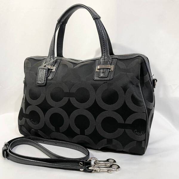 【美品】 正規品 コーチ COACH ハンドバッグ 2way ショルダー付き オプアート 黒 ブラック シグネチャー キャンバス 肩掛け かばん 鞄