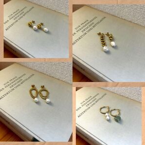 《4点セット》ピアス パール チェーン ゴールド ヴィンテージライク アクセサリー ゴールド