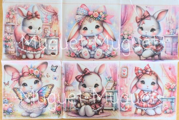 可愛いパネル生地6枚セット-26 ポーチ バッグ 巾着 小物類 ねこ柄 いぬ柄うさぎ柄 少女柄 など