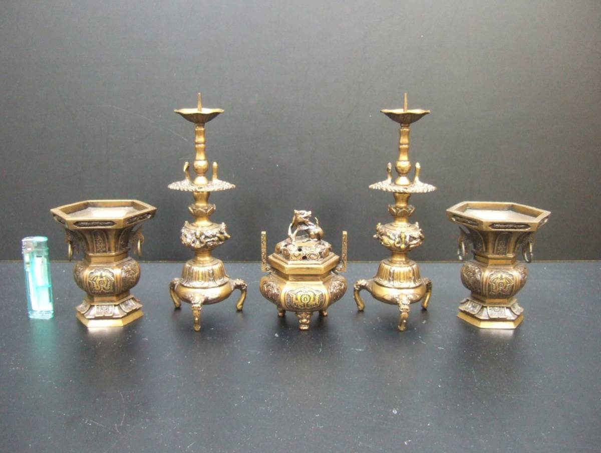 ◇【仏教美術・高岡銅器】光雲製菖蒲型五具足・獣摘蓋香炉・双鶴 ◇【仏教美術・高岡銅器】光雲製菖蒲型五具足・獣摘蓋香炉・双鶴