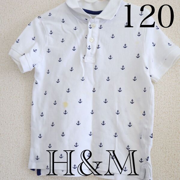【H&M】120★マリン柄ポロシャツ★汚れあり★白×ネイビー