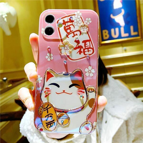 iPhone14 13 携帯ケース ねこ 招き猫 可愛い 萬福 千万両 ピンク