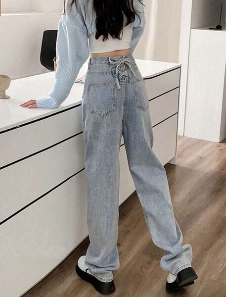 バックリボン ストレートハイウエスト デニムパンツ
