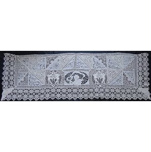アンティーク フランス 1900年 乙女と天使 刺繍&レース編み&パッチワークの テーブルクロス /ランナー 手編みボビンレース 164cm ×53.5cm