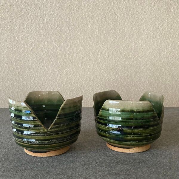 割山椒 織部 陶器 陶芸 食器 手作り ハンドメイド 鎬 グリーン