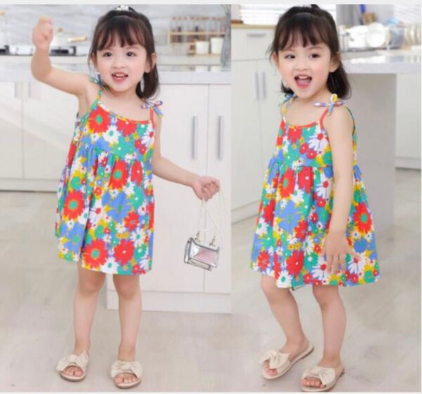 新品未使用 110cm 花柄 ワンピース 夏服 重ね着 韓国風