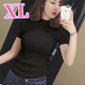 【週末セール】半袖 Tシャツ 無地 ブラック半袖Tシャツ ハイネック 黒 カットソー コットン リブ ストレッチ クルーネック