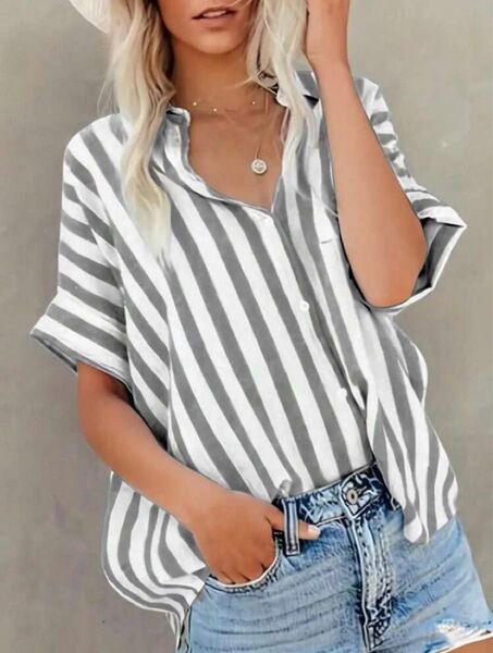 SHEIN ストライプシャツ グレー
