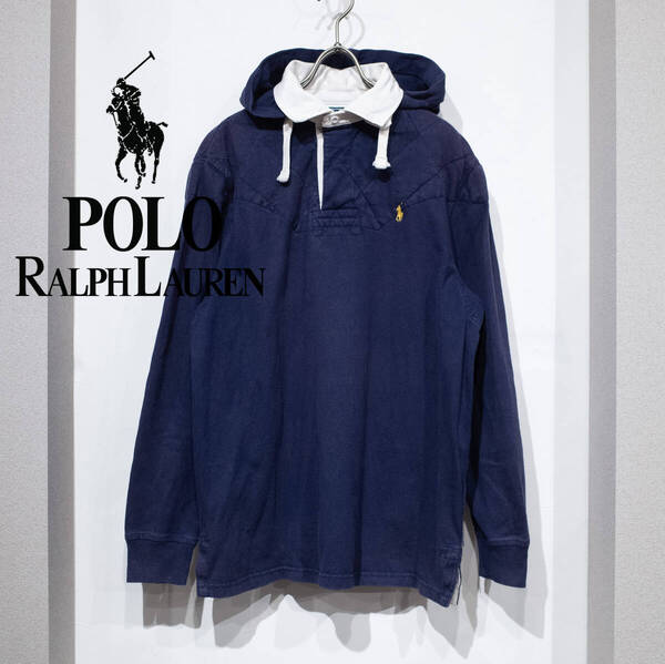 S / 90s POLO by RALPH LAUREN ポロ バイ ラルフローレン フード付き ラガーシャツ ラグビーシャツ ネイビー コットン 紺 古着 希少