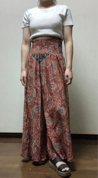 高上品新品タグ付きインドエスニックアジアン ワイドパンツ カジュアル ウエストゴム