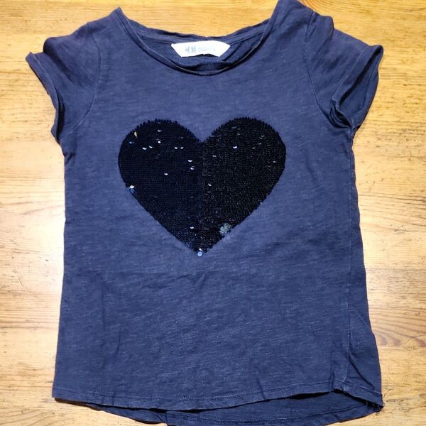 H&M キッズ キラキラ スパンコール ハート Tシャツ ネイビー